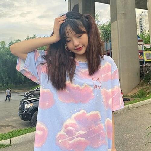 Y2k streetwear Harajuku tie-dye cloud pattern T-shirt summer new style Oversize women tops Korean ins sweet cute loose T-shirt