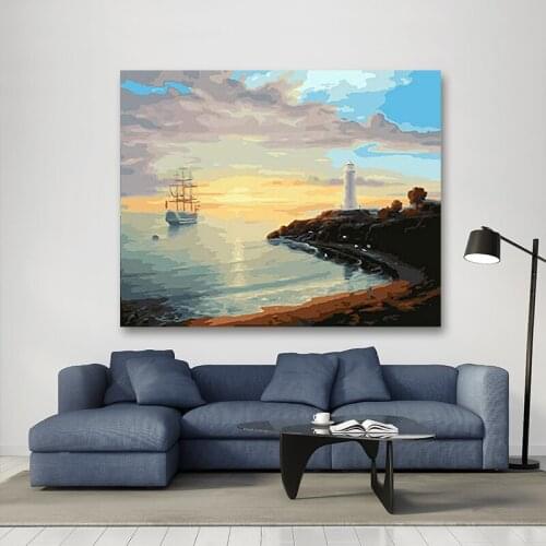 Paint by number art painting by numbers Sea lighthouse seaside scenery sunset night