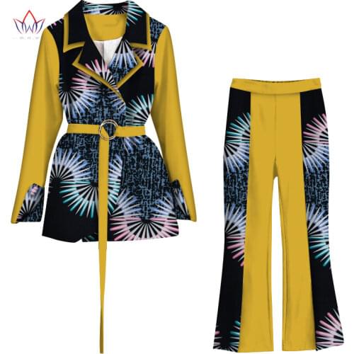 Spring African Suit for Women Print 2 Piece of Top and Pant Sets Fashion Women African Clothes Trench Coat Trouser Set WY5926