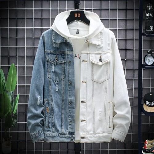 Blue White Patchwork Denim Jacket Men Hip Hop Streetwear Coat Design Brand Outwear Cotton Men Jacket New Autumn Jackets For Man
