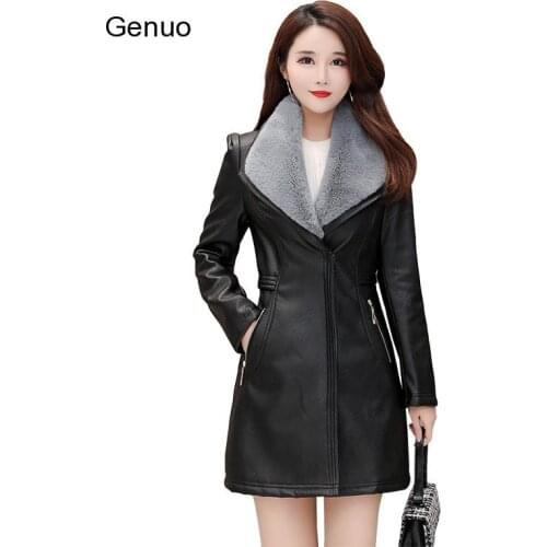 Autumn Winter Women Pu Leather Jacket Mid-Long Thickening Black Jacket Faux Fur-Neck Warm Coat Motorcycle Outwear Overcoat