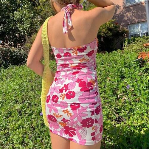 Summer Backless Sexy Halter Dress Women Pink V Neck Y2K Bodycon Tank Mini Dresses Female Floral Print Lace Up Casual