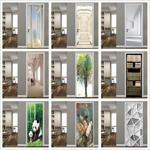 Tree Deursticker 3D Green Painting Visual Extension Door Sticker Mural Autocollants de porte Living Room Home Decor Deurposter