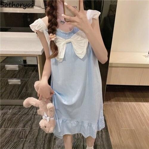Nightgowns Women Kawaii Sleepshirts Sweet Bow Design Sleeveless Sleepwear Spaghetti Strap Girlish Korean Style Ruffles Stylish