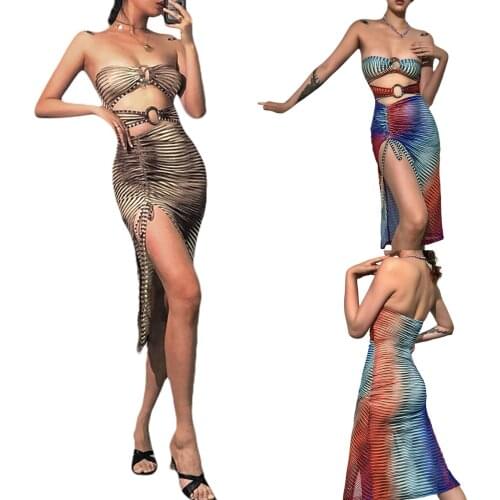 Sexy womens dress, hollow top, tight open back fashion print, hollow drawstring split style side split fashion Spice Girl Skirt