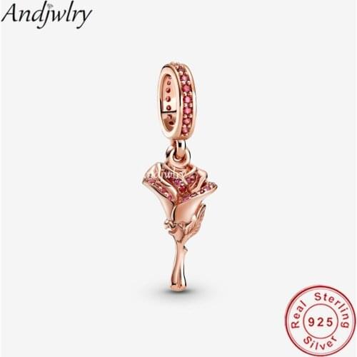 Rose Gold Flower Dangle Charm Pendant Fit Pandora Charms Original Bracelet 925 Siver Bangle DIY Jewelry Berloque