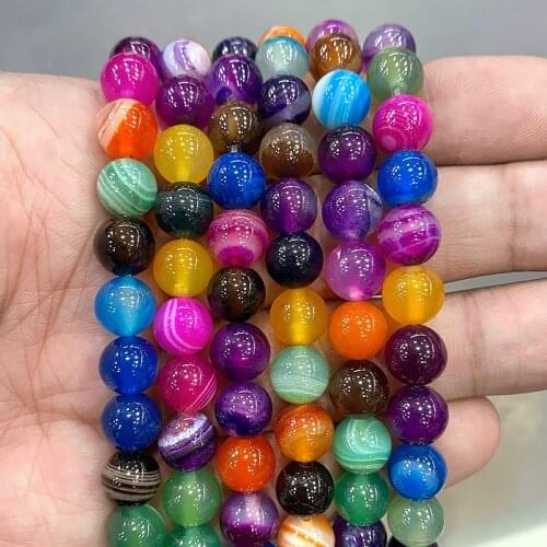 Natural Stone Mixed Color Stripe Agat Round Beads Diy Bracelet Necklace Pendants for Jewelry Making 15" Strand 4 6 8 10 12 14MM