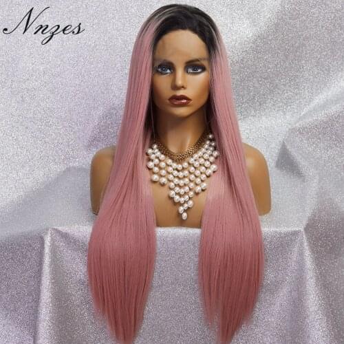 NNZES 26 Inches Synthetic Lace Front Long Straight Ombre Pink Wig Ombre Gray Purple Blue Color for Women Heat Resistant Fiber