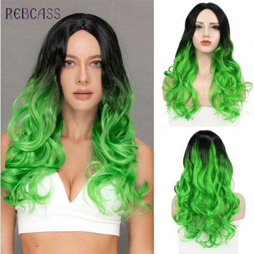 Rebcass Ombre Black Green Synthetic Wig Middle Part Heat Resist Fiber Soft Long Wavy Hair For Black Women Cosply Party Use