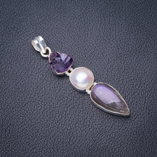 StarGems Natural Blue Fire Labradorite Amethyst Rough And Biwa Pearl Handmade 925 Sterling Silver Pendant 2.5" E3752