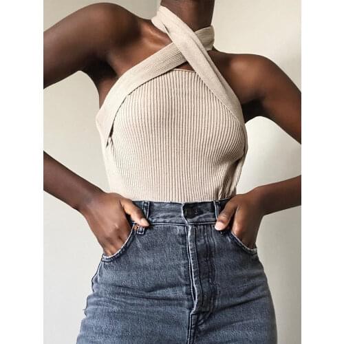 Tossy 2021 New Halter Neck Tops For Women Summer Ribbed Knitting Tank Top Stretchy Sleeveless Cutout Front Vest Top Shirt