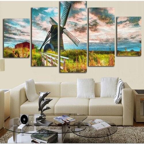 Canvas Modern HD Printed 5 Panel Holland Windmill Landscape Pictures Painting Wall Poster Art Frame Living Room Home Decor