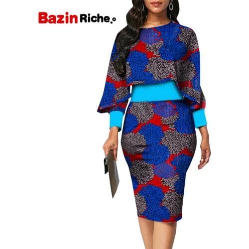 African Clothes Women Bat Design Dress Long Sleeve Cover Knee Elagant Lady Print Bodycon Party Vestido WY704