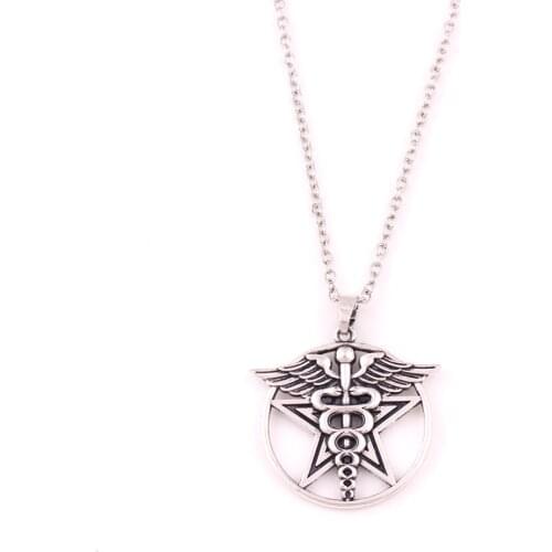 Vintage Winged Staff With Snakes Pentagram Pendant Healers Caduceus Medical Symbol Link/rope Chain Men and Womens Necklace