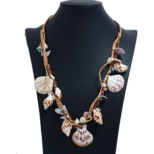 Bohemian Retro Natural Freshwater Shell Vintage Leather Rope Necklace Ladies Jewelry Geometric Chains Necklace For Women