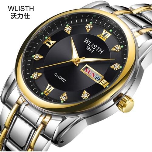 WLISTH Luxury Business Man Watch Fashion Diamond Analog Quartz Wrist Watch Erkek Kol Saati Dual Calendar Luminous Mens Watches