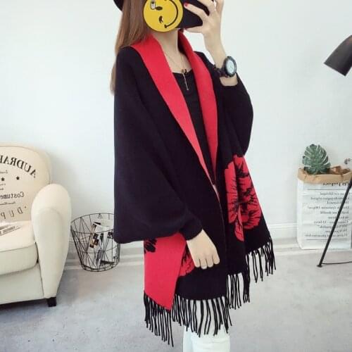 Jacquard double-faced cashmere outer knit cardigan autumn and winter cloak with sleeves fringed shawl wool dual-use scarf