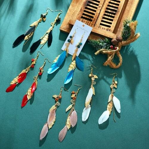 Womens Gold Leaf Long Chain Tassel Dangle Earrings Bohemia Summer Feather Drop Earrings Jhumka Earrings