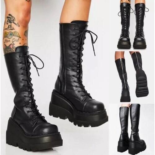 Big Size 35-43 Brand Design Ladies High Platform Boots Fashion Streetwear Zip High Heels Boots Women 2021 Wedges Shoes Woman