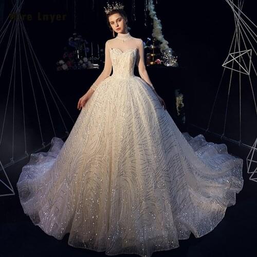 Robe De Mariee Princesse De Luxe New Arrive High Neck Open Back Long Sleeve All Over Sequins Luxury Ball Gown Wedding Dress