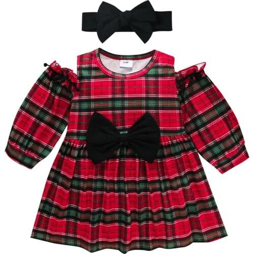 2021 Baby Girl’s Christmas Casual Long Sleeve Dress Fashion Plaid Off-shoulder A-line Short Dress and Headband Outfits Costume