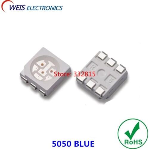50PCS 5050 BLUE LED 600-800mcd 3.0-3.2v 460-470nm 120 angle super bright light beads RoHs Free shipping