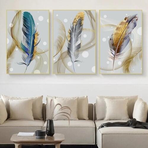 Nordic Abstract Golden Feathers Canvas Painting Colorful Feather Poster Prints Minimalist Wall Pictures for Living Room Decor