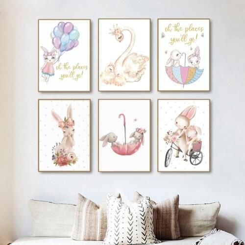 Watercolor Bunny Canvas Posters Pictures Cture Rabbit Swan Print Painting Nordic Girl Nursery Wall Art Picture Baby Room Decor