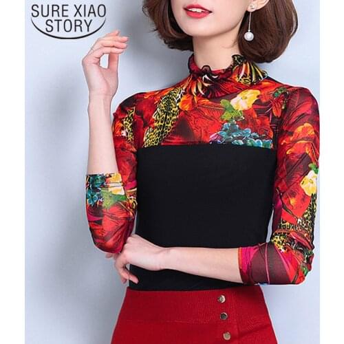 Blusas Mujer De Moda 2021 Autumn New Korean Slim Women Blouses Long Sleeve Temperament Ladies Mesh Print Shirts Women 5932 50