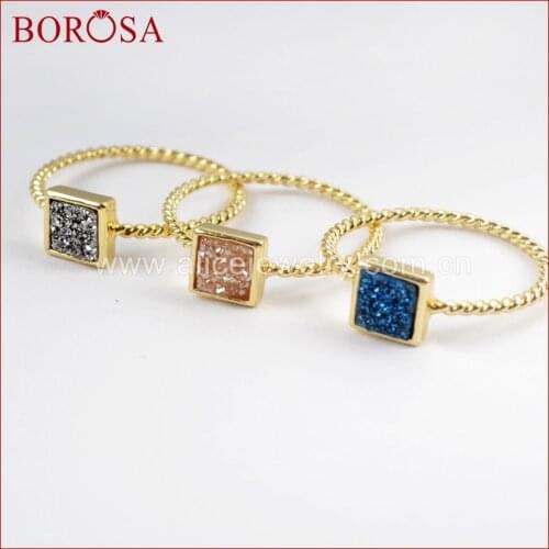BOROSA Fashion Jewelry Gold Color 5mm Square shape Rainbow Drusy Rings Natural Agates Titanium Druzy Bezel Ring for Women ZG0287