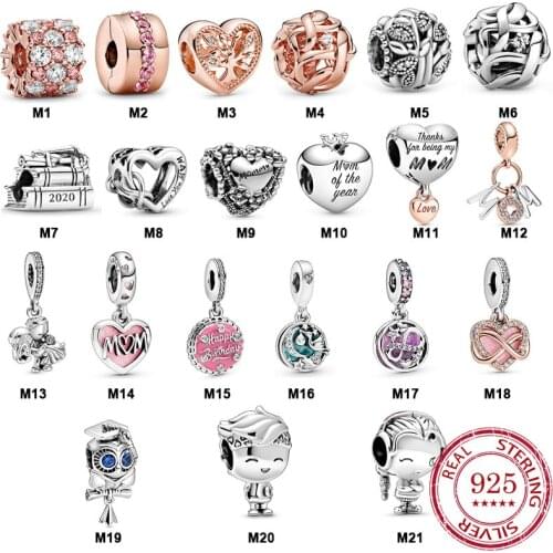 S925 Sterling Silver Sparkling Logo Love Rose Gold Heart Beads Charms Fit Original Bracelet Diy Jewelry for Pandora Element