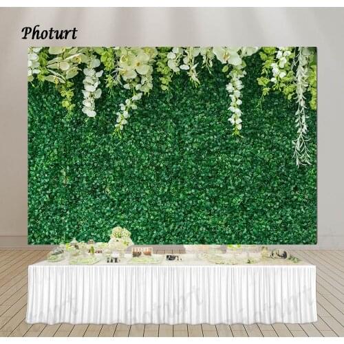 PHOTURT Grass Wall Backdrop Wedding Birthday Photography Background White Green Flower Vinyl Photo Banner For Decorate Props