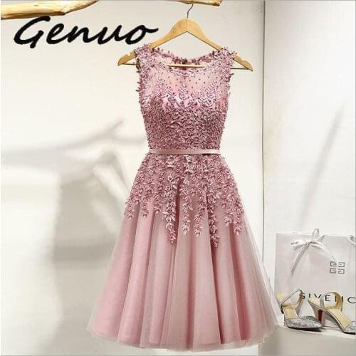 Genuo New Hot Sell Elegant Knee Length Elegant Women Girls Dresses Appliques Beads Formal Party Dresses Pink Red Light Blue