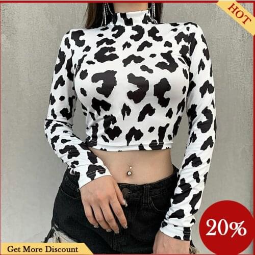 Hirigin New 2020 Autumn Women Sexy Crop Top Long Sleeve Turtleneck Slim Fit Cow Print Short T-shirt for Fall Clothes
