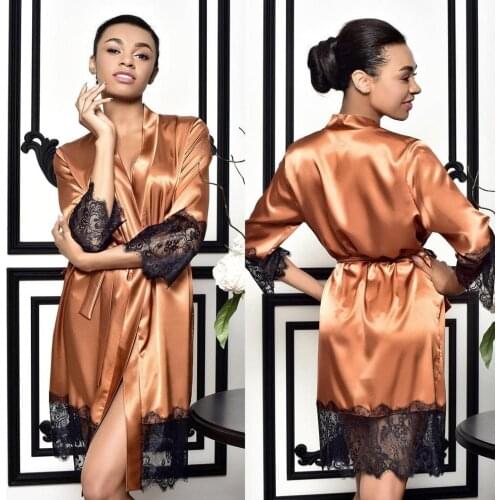 Short Bridal Bathrobe with Black Lace Long Sleeves Brown Wedding Sleepwear Bath Robes Nightgowns Robes Women Dress Kimono