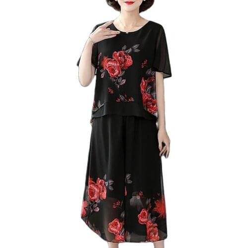 2021 Summer Plus Size 5XL Womens Printed Suit Short-Sleeved Black Tops Middle-Aged Elderly Women Spring Two-Piece Pants Suits