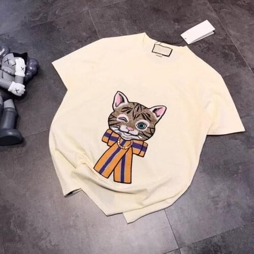 Summer Casual Loose Cotton T-shirts Elegant Embroidery Cat Tops Tee fashion Streetwear Plus Size Men and women unisex T shirt
