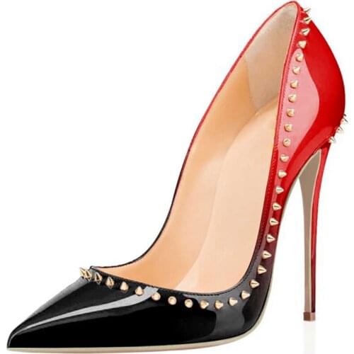 Fashion Office Ladies' Casual Shoes Red and Black Patent Leather Sexy Woman Pumps 12cm Gold Rivets Stiletto Thin High Heels 40