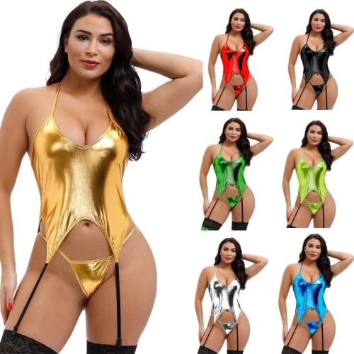 Fashion Sexy Women Shiny Metallic Halter Top with Garter Belt G-String Set Rave Pole Dance Wear Catsuit
