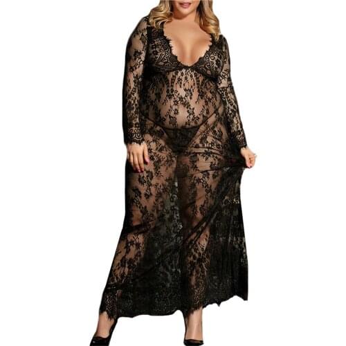 4XL Plus Size Womens Nightie See Through Lace Sexy Night Dress V neck Mesh Nightgown Lingerie Femme Sexy Sleepwear Long Gowns