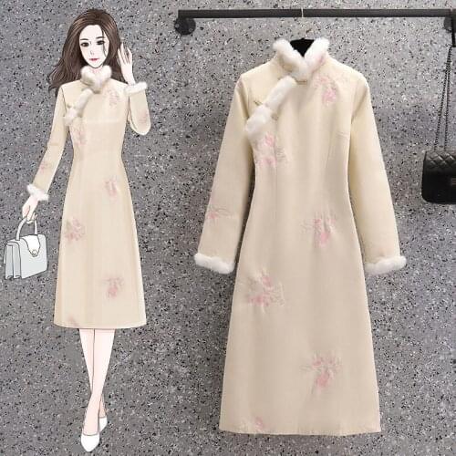 2021 Autumn Winter New Plus Size 4XL Womens Thick Woolen Dress Retro Chinese Style Ladies Improved Cheongsam Dress e574