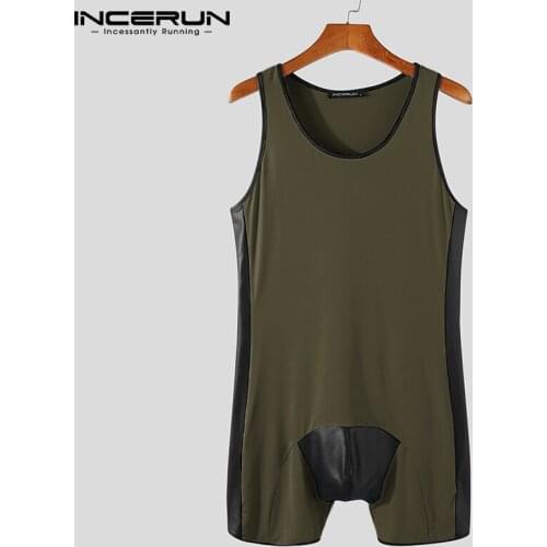 Patchwork Men Pajamas Rompers O Neck Sleeveless Fitness Jumpsuit Homewear Sexy Cozy Fashion Men Bodysuit Nightwear S-5XL INCERUN