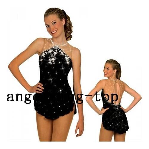 Girls ice skating dress black skin sleeves figure skating dresses women custom ice dance dress free shipping
