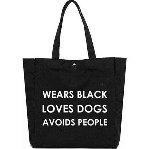 Gift for Dog Lovers Wear Black Love Dogs Funny Letters Printed Tote Bag Women Female Beach Bag Book Bag Work Bag Large Capacity