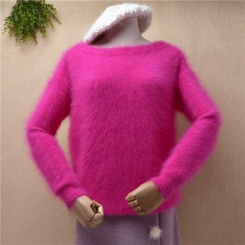 Ladies women winter fashion mink cashmere slash neck long sleeves loose pullover underwear sweater angora fur jumper pull tops