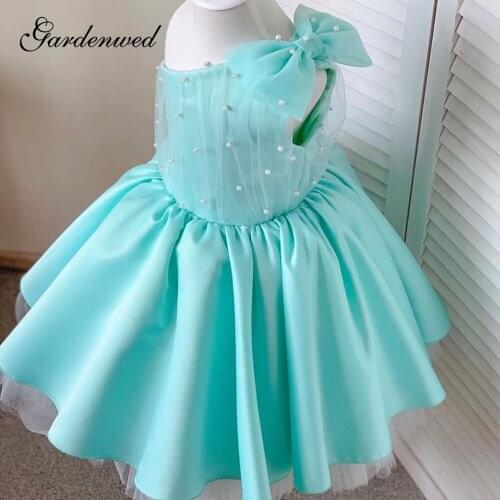 Puffy Pearls Flower Girl Dresses One Shoulder Bow Satin Girls Wedding Party Dresses Pleated A-Line Short First Communion Dresses