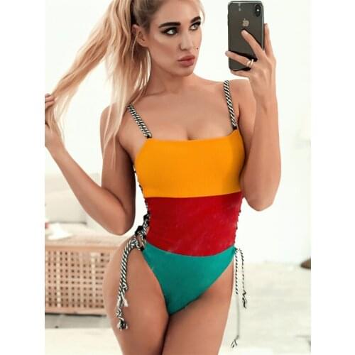 Colorblocked V-Neck Strappy One-Piece Swimsuit Sexy Backless Padded Women Monokini 2020 Girl Beach Bathing Suit Swimwear