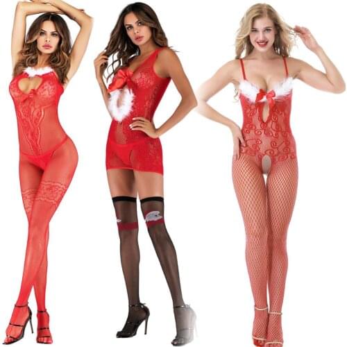 Sexy Christmas body stockings feather Bow nipple sticker underwear Santa Claus bodysuit Backless Buttocks open crotch women gift