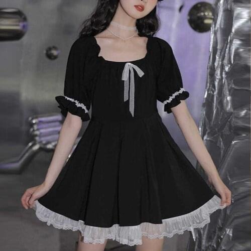 Japanese Sweet Kawaii Lolita Mini Dress Soft Girl College Style Bow Lace Goth Black Dress Summer Short Sleeve Splice Party Dress