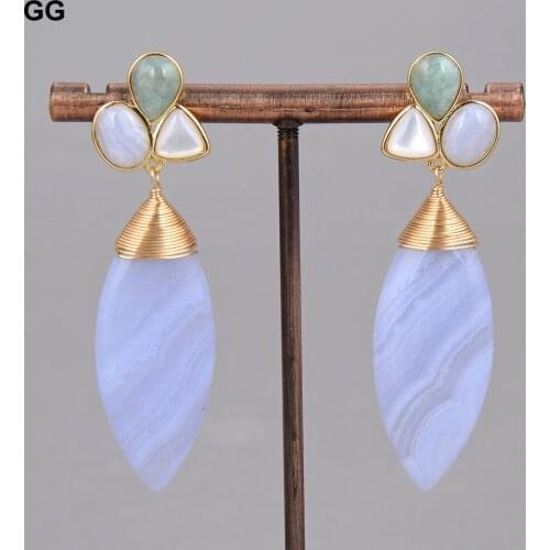 GuaiGuai Jewelry Natural Blue Lace Agate Chalcedony Peruvian Amazonite White Shell Stud Earrings